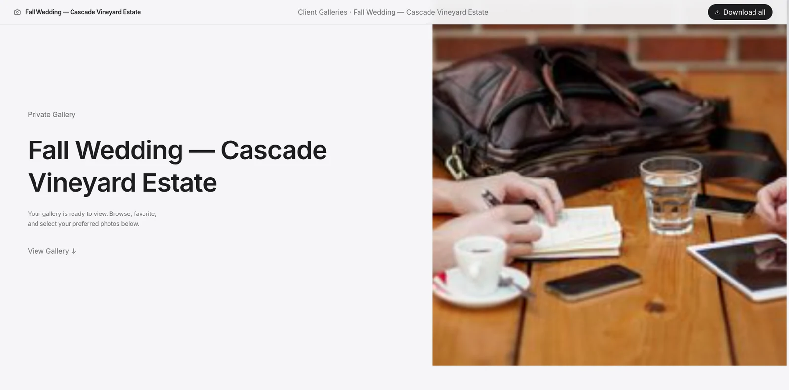 A password-protected client gallery page with a full-bleed cover photo and photo grid