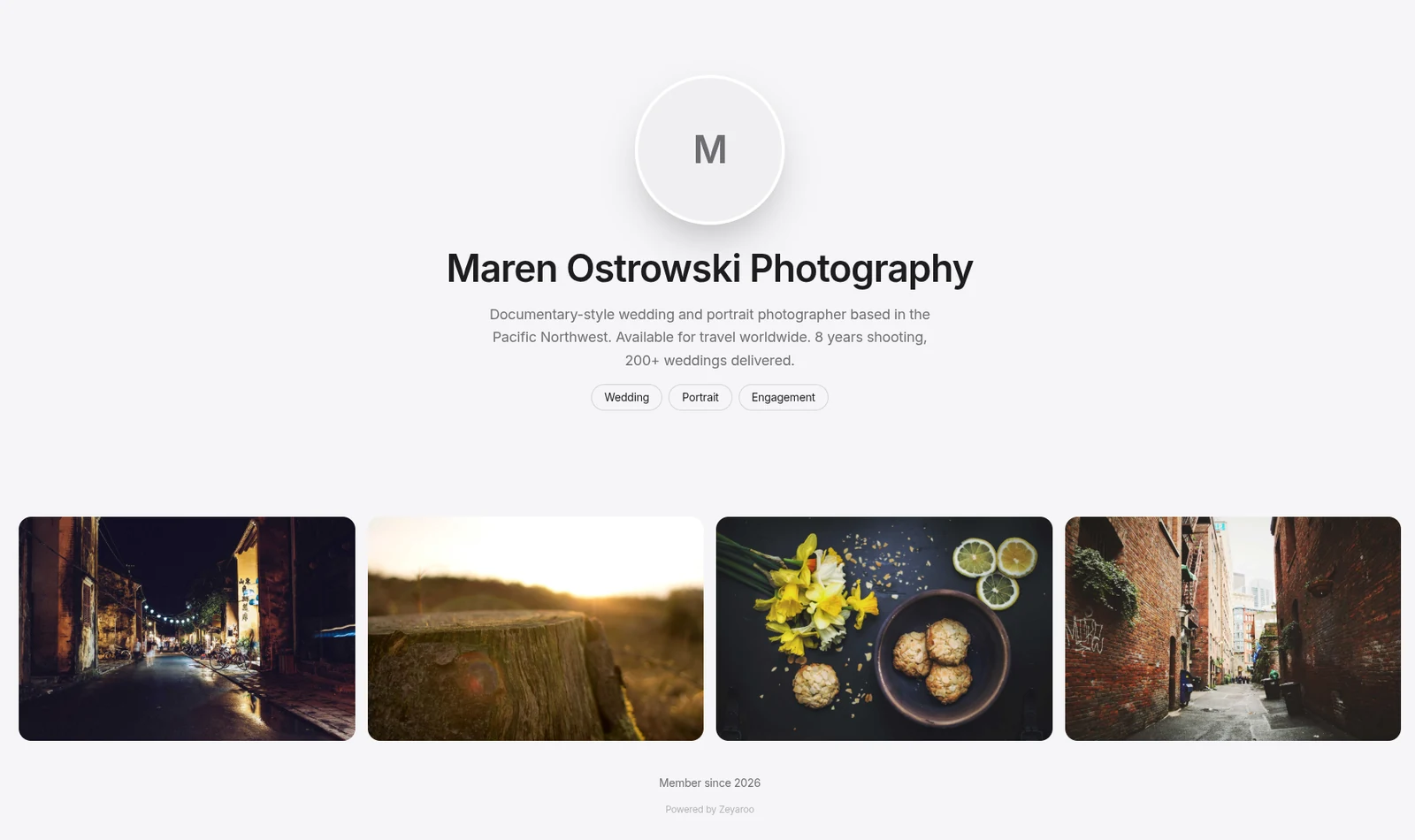 Public Zeyaroo creator profile page for a wedding photographer with bio, service categories, and portfolio grid