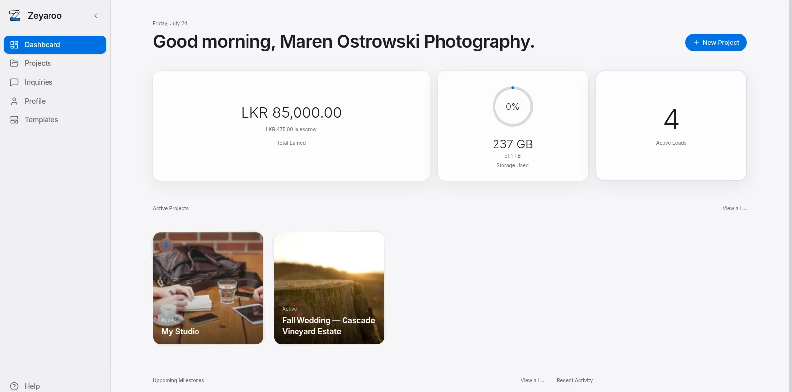Zeyaroo creator dashboard showing active projects, escrow balance, and upcoming milestones