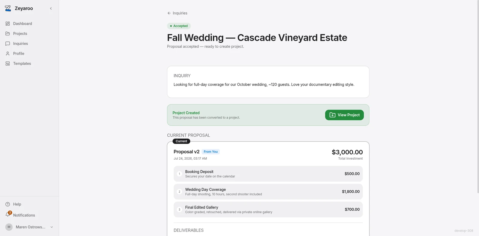 A structured Zeyaroo proposal showing three milestones — Booking Deposit, Wedding Day Coverage, and Final Edited Gallery — with total investment of $3,000